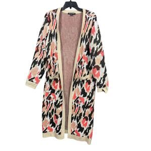 Boston Proper Sweater Womens Large Tan Animal Print Long Open Front Cardigan